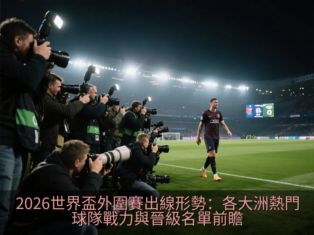 宏偉的足球體育場，在黃昏的燈光下顯得莊嚴而神聖，象徵著通往世界盃最高殿堂的榮耀之路